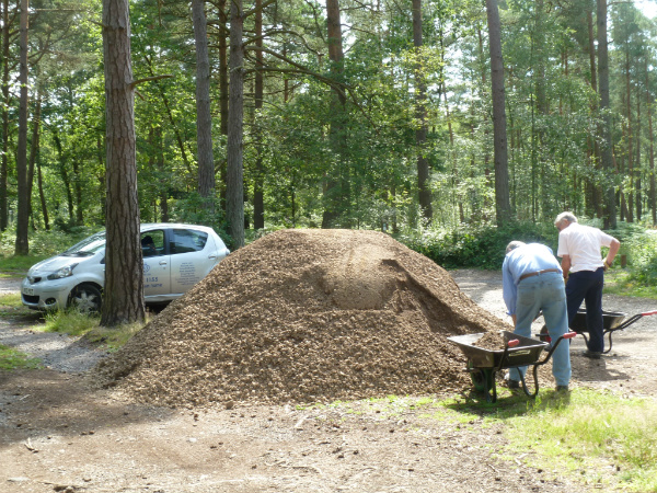 Volunteers load aggregate into wheelbarrows